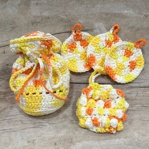 Handmade Cotton Crochet Bath Set - Drawstring Bag + Face pads + Soap pouch